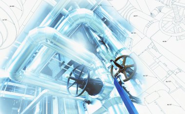 Boru hattların başka şekilli tasarım kroki endüstriyel ekipman fotoğraf ile karışık