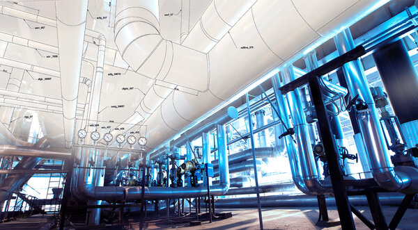 Рисунок конструкции трубопроводов в сочетании с фотографиями промышленного оборудования
