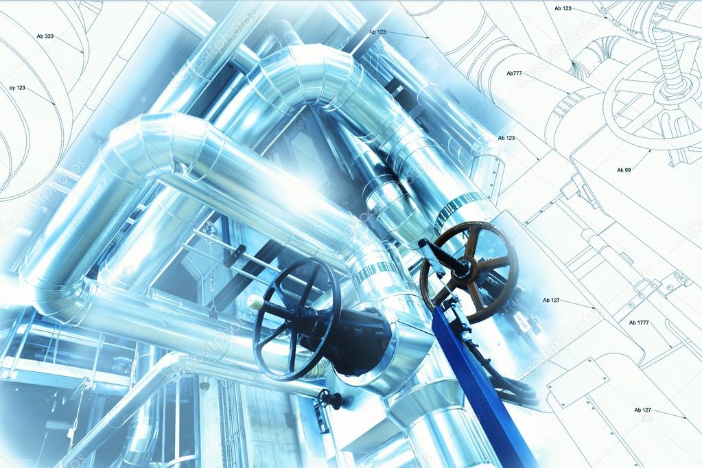 Sketch of piping design mixed with industrial equipment photo