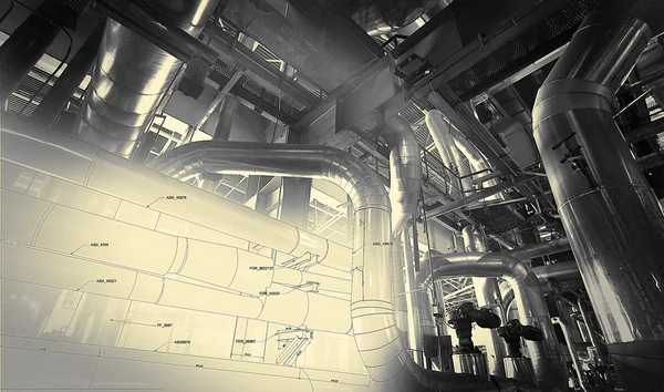 Sketch of piping design mixed with industrial equipment photo — Stock Photo, Image