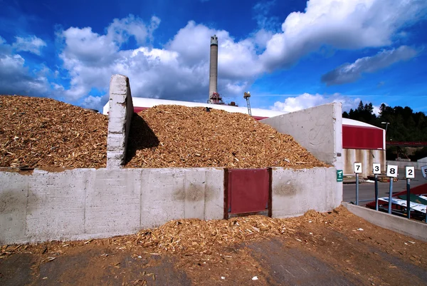 Biokraftwerk mit Holzbrennstofflagerung vor blauem Himmel — Stockfoto