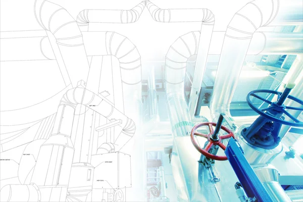 Sketch of piping design mixed with industrial equipment photo — Stock Photo, Image