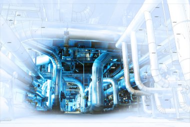 Boru hattların başka şekilli tasarım kroki endüstriyel ekipman fotoğraf ile karışık