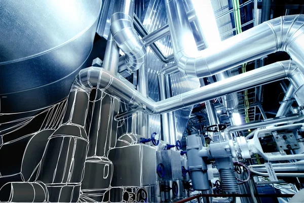 Ilustración de equipos, cables y tuberías dentro de la central eléctrica — Foto de Stock