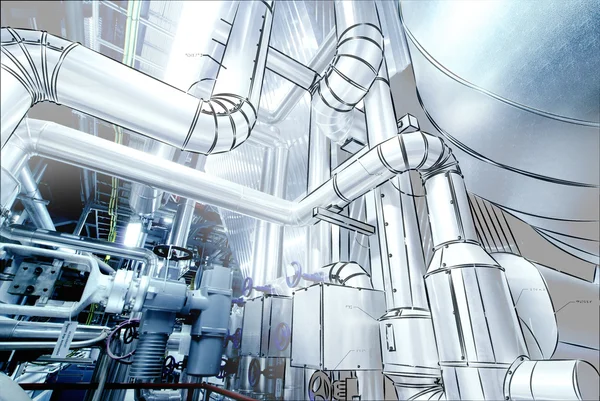 Illustrazione di apparecchiature, cavi e tubazioni all'interno della centrale elettrica — Foto Stock