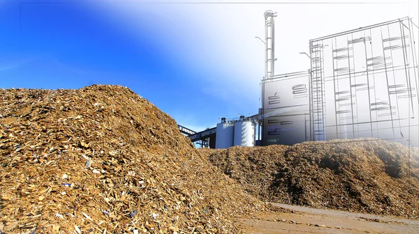 Planta de energía bio dibujo con almacenamiento de combustible de madera contra blu —  Fotos de Stock