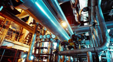 Sanayi bölgesi, mavi tonlu çelik boru hatları.