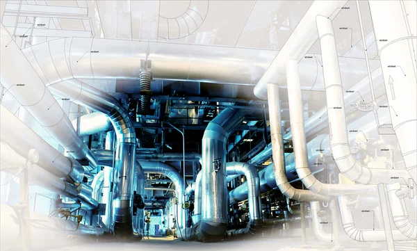 Sketch of piping design mixed with industrial equipment photo — Stock Photo, Image