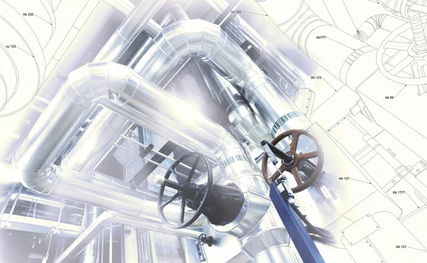 Рисунок конструкции трубопроводов в сочетании с фотографией промышленного оборудования — стоковое фото