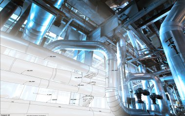 Boru hattların başka şekilli tasarım kroki endüstriyel ekipman fotoğraf ile karışık