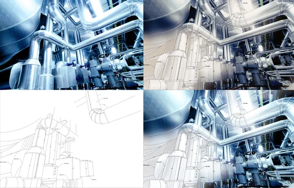 디자인 합성 개념 설계도와 공장에서 파이프라인 — 스톡 사진