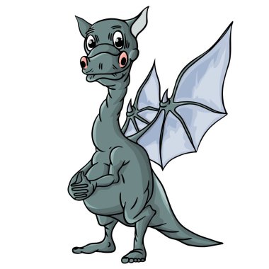 Beyaz arka planda neşeli, sevimli, kanatlı dinozor..