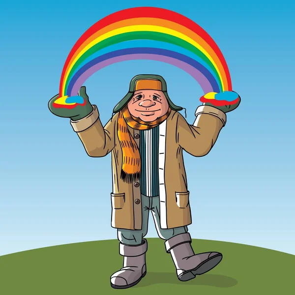 Een man in warme winterkleding houdt een regenboog in zijn handen. Vectorillustratie — Stockvector