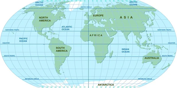 Mappa vettoriale del mondo. Oceani e continenti in proiezione piatta. — Vettoriale Stock