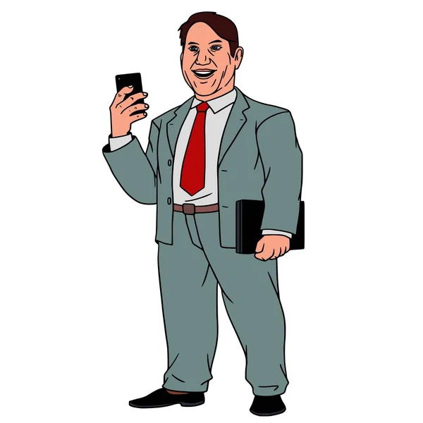 Illustrazione vettoriale personaggio ritratto di uomo d'affari. Illustrazione vettorialeIllustrazione vettoriale personaggio ritratto di un uomo d'affari, alzando la mano, che stringe uno smartphone. — Vettoriale Stock