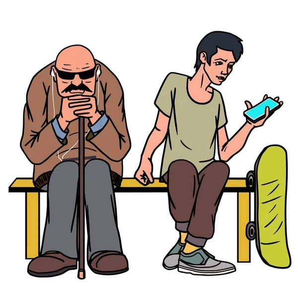 Jeunes et femme d'âge moyen isolés. Asseyez-vous sur le banc. Attention les uns aux autres ne paient pas. Ecouter musi. — Image vectorielle