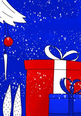 Hediyeler. Noel ağacı. Ağacın altındaki hediyeler. Yeni yıl arifesinde kar yağıyor. Yılın büyülü bir zamanı. Noel 'de sürpriz