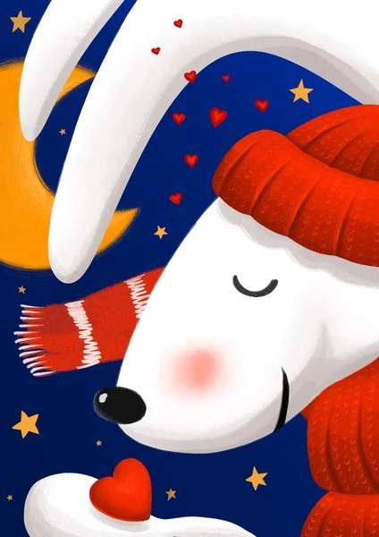 Una serie de tarjetas de Año Nuevo. Conejo con gorra roja. En una bufanda. 2021 años. Nuevo año ilustraciones — Foto de Stock