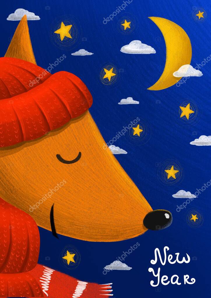A series of New Years cards. Fox in a red cap. In a scarf. 2021 year. A contented fox under the starry sky and moon. Moon in a clear sky. New year illustrations