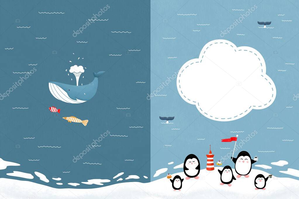 Childrens illustration. Poster for the kids club. Painting for kindergarten. Booklet in marine theme. Childrens winter frame cards. North Pole. Antarctica. Lighthouse on the island.