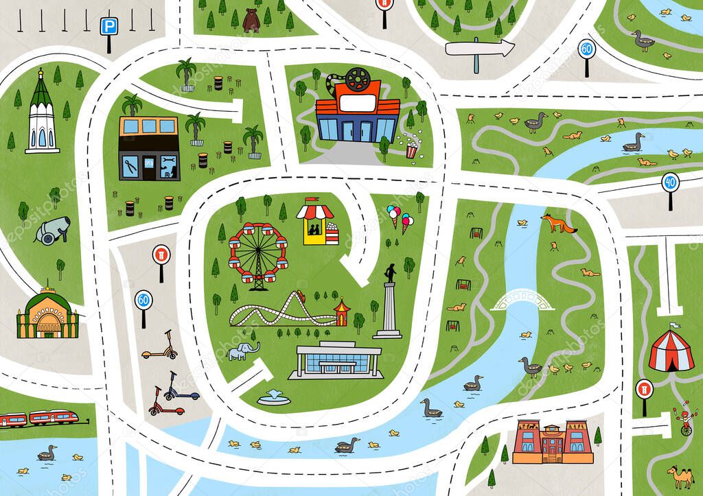 Kids placemat. Children's paper poster with roads to drive cars. Board with roads and attractions. Children's city map with roads. Pattern with light asphalt and houses