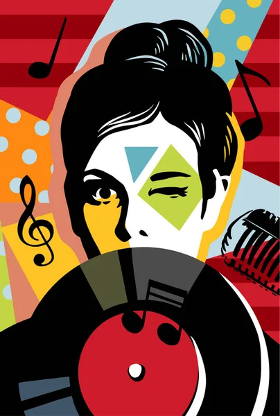 Müzik plakalı bir kadın. Pop sanat mikrofonu. Stand-up konser radyo podcast blogu. Çizgi roman pop sanat retro çizimi. Moda pop-art kapağı
