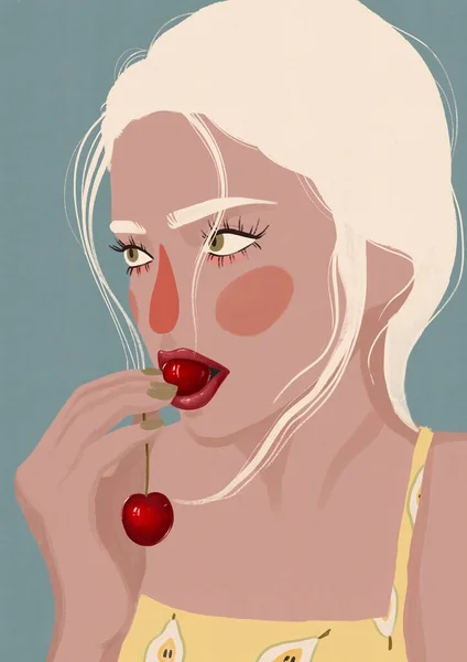 Деталь молодої жінки рот з вишнями на чорному тлі. Жінки ілюстрації. Блондинка їсть вишні — стокове фото