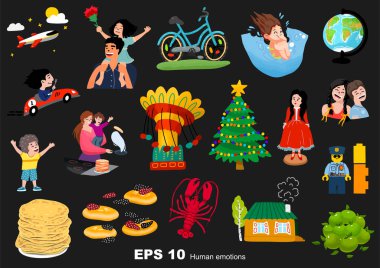 Çocuk ifadesi vektör çizimi seti. İnsani duygular. Sevinç ifadeleri. İnsan yüz ifadeleri ayarlandı. Eğlence parkı. Eğlence. Çocuk oyunları. Motorsiklet. Köydeki ev. Noel ağacı. Banyo yapan çocuklar. Denizde yüzmek, krep pişirmek..