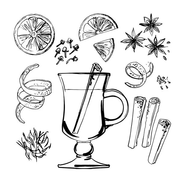 Warm winter drink, mulled wine and spices. Sketch of food by line and watercolor. Orange, zest, cinnamon, anise, cloves. — Stock Vector