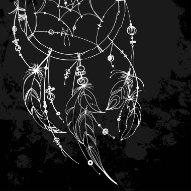 Düş kapanı, süsler, tüyler ve boncuklar. Amerikan yerlilerinin rüya yakalayıcısı, geleneksel sembol. Beyaz arka planda tüyler ve boncuklar. Vektör dekoratif elementler hippi.