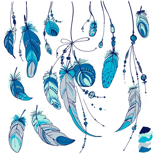 Dreamcatcher Conjunto Ornamentos Penas Contas Indígena Nativa Americana Apanhadora Sonhos — Vetor de Stock