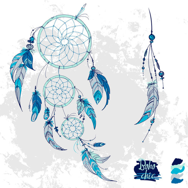 Dreamcatcher, Set of ornaments, feathers and beads. Native american indian dream catcher, traditional symbol. Feathers and beads on white background. Vector decorative elements hippie.