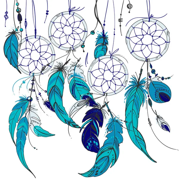 Atrapasueños, Conjunto de adornos, plumas y perlas. Atrapador de sueños indio nativo americano, símbolo tradicional. Plumas y cuentas sobre fondo blanco. Vector elementos decorativos hippie. — Vector de stock