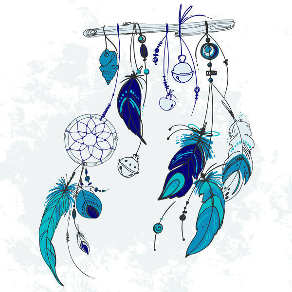 Dreamcatcher, Set of ornaments, feathers and beads. Native american indian dream catcher, traditional symbol. Feathers and beads on white background. Vector decorative elements hippie.