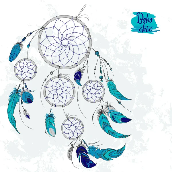 Dreamcatcher, Ensemble d'ornements, plumes et perles. Attrape-rêves amérindiens, symbole traditionnel. Plumes et perles sur fond blanc. Éléments décoratifs vectoriels hippie. — Image vectorielle