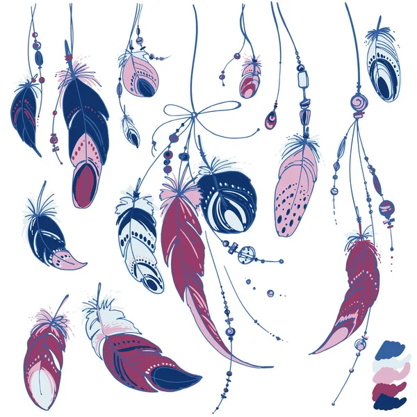 采购产品梦想捕手,一套装饰品,羽毛和珠子.美洲原住民的梦想捕手，传统的象征。白色背景的羽毛和珠子。矢量装饰元素嬉皮士. — 图库矢量图片