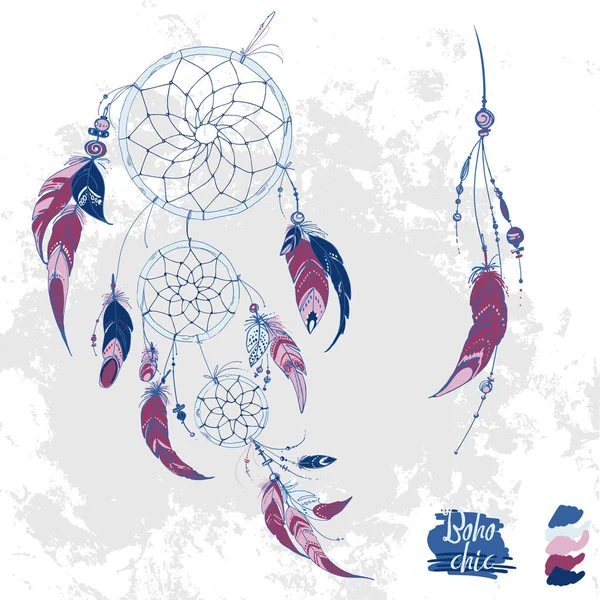 Dreamcatcher, Conjunto de ornamentos, penas e contas. Indígena nativa americana apanhadora de sonhos, símbolo tradicional. Penas e contas sobre fundo branco. Vetor elementos decorativos hippie. —  Vetores de Stock