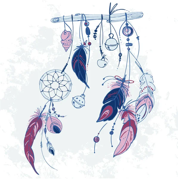Dreamcatcher, Ensemble d'ornements, plumes et perles. Attrape-rêves amérindiens, symbole traditionnel. Plumes et perles sur fond blanc. Éléments décoratifs vectoriels hippie. — Image vectorielle