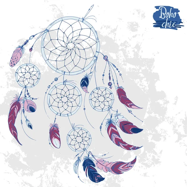 Dreamcatcher, Conjunto de ornamentos, penas e contas. Indígena nativa americana apanhadora de sonhos, símbolo tradicional. Penas e contas sobre fundo branco. Vetor elementos decorativos hippie. — Vetor de Stock