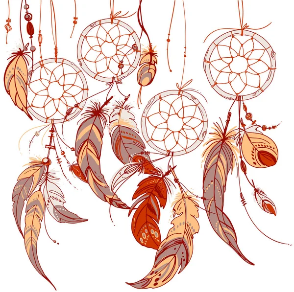 Acchiappasogni, Set di ornamenti, piume e perline. Acchiappasogni indiano nativo americano, simbolo tradizionale. Piume e perline su sfondo bianco. Elementi decorativi vettoriali hippie. — Vettoriale Stock