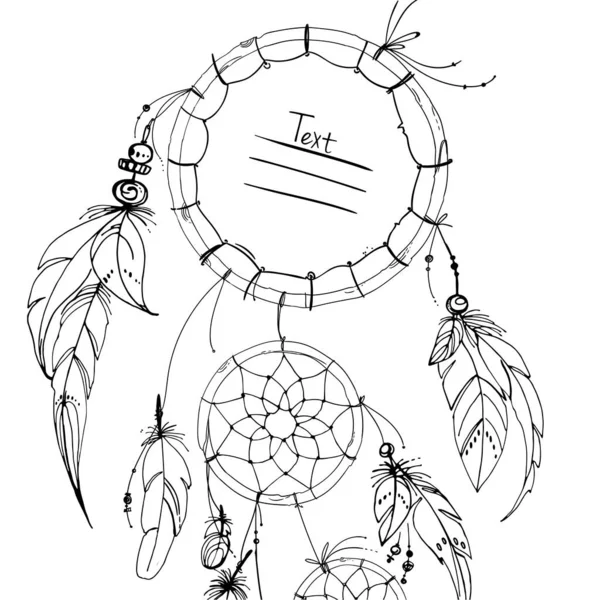 Dreamcatcher, Conjunto de ornamentos, penas e contas. Indígena nativa americana apanhadora de sonhos, símbolo tradicional. Penas e contas sobre fundo branco. Vetor elementos decorativos hippie. —  Vetores de Stock