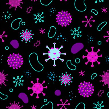 Siyah Coronavirus, bakteri ve virüsler. Mikro evren, mikropların karikatür görüntüleri..