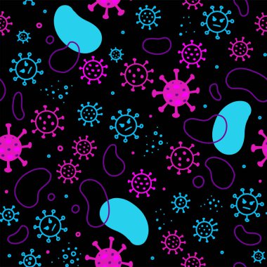 Siyah Coronavirus, bakteri ve virüsler. Mikro evren, mikropların karikatür görüntüleri..