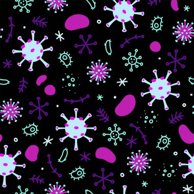 Siyah Coronavirus, bakteri ve virüsler. Mikro evren, mikropların karikatür görüntüleri..