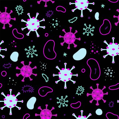 Siyah Coronavirus, bakteri ve virüsler. Mikro evren, mikropların karikatür görüntüleri..