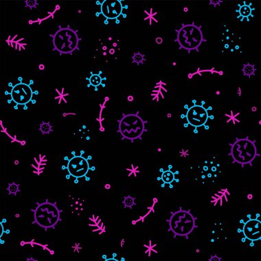 Siyah Coronavirus, bakteri ve virüsler. Mikro evren, mikropların karikatür görüntüleri..