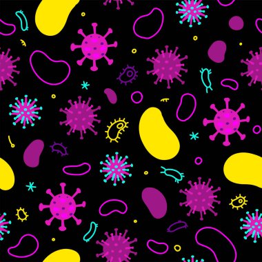 Siyah Coronavirus, bakteri ve virüsler. Mikro evren, mikropların karikatür görüntüleri..