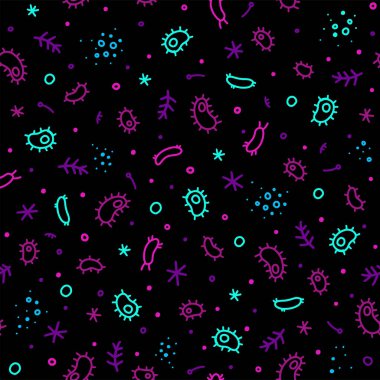 Siyah Coronavirus, bakteri ve virüsler. Mikro evren, mikropların karikatür görüntüleri..