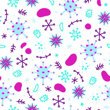 Siyah Coronavirus, bakteri ve virüsler. Mikro evren, mikropların karikatür görüntüleri..