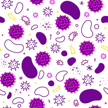 Siyah Coronavirus, bakteri ve virüsler. Mikro evren, mikropların karikatür görüntüleri..